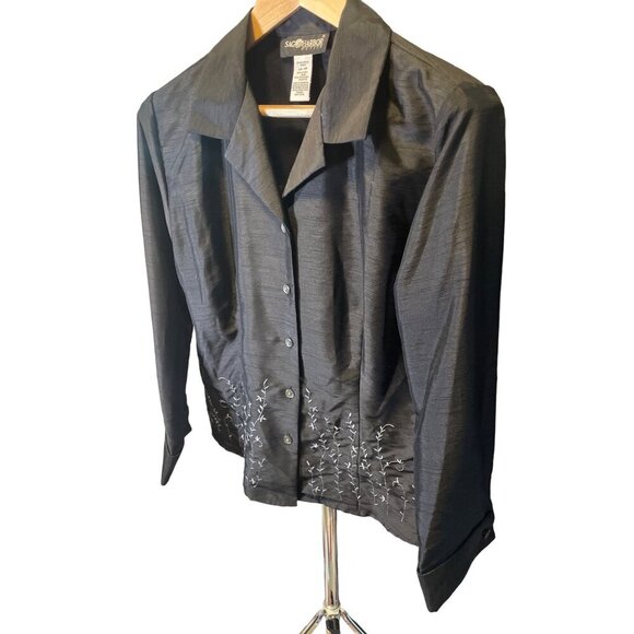 Sag Harbor NWT Charcoal Long Sleeve Button Up Embroidered Blouse SZ 14 Petite - Picture 3 of 8